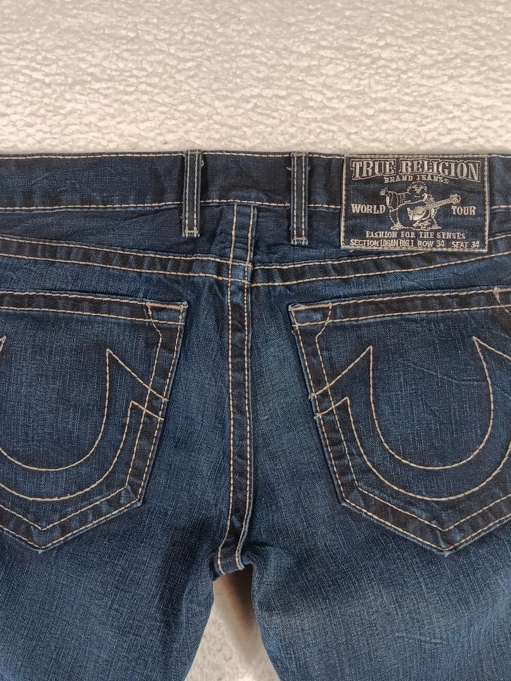 True Religion Jeans Mens 34x34 Blue Denim Logan Big T Straight Thick Stitch